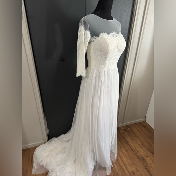 Galina Size 4P Ivory Wedding Dress with Illusion bodice and Lace Sleeves STYLE# - Picture 9 of 16